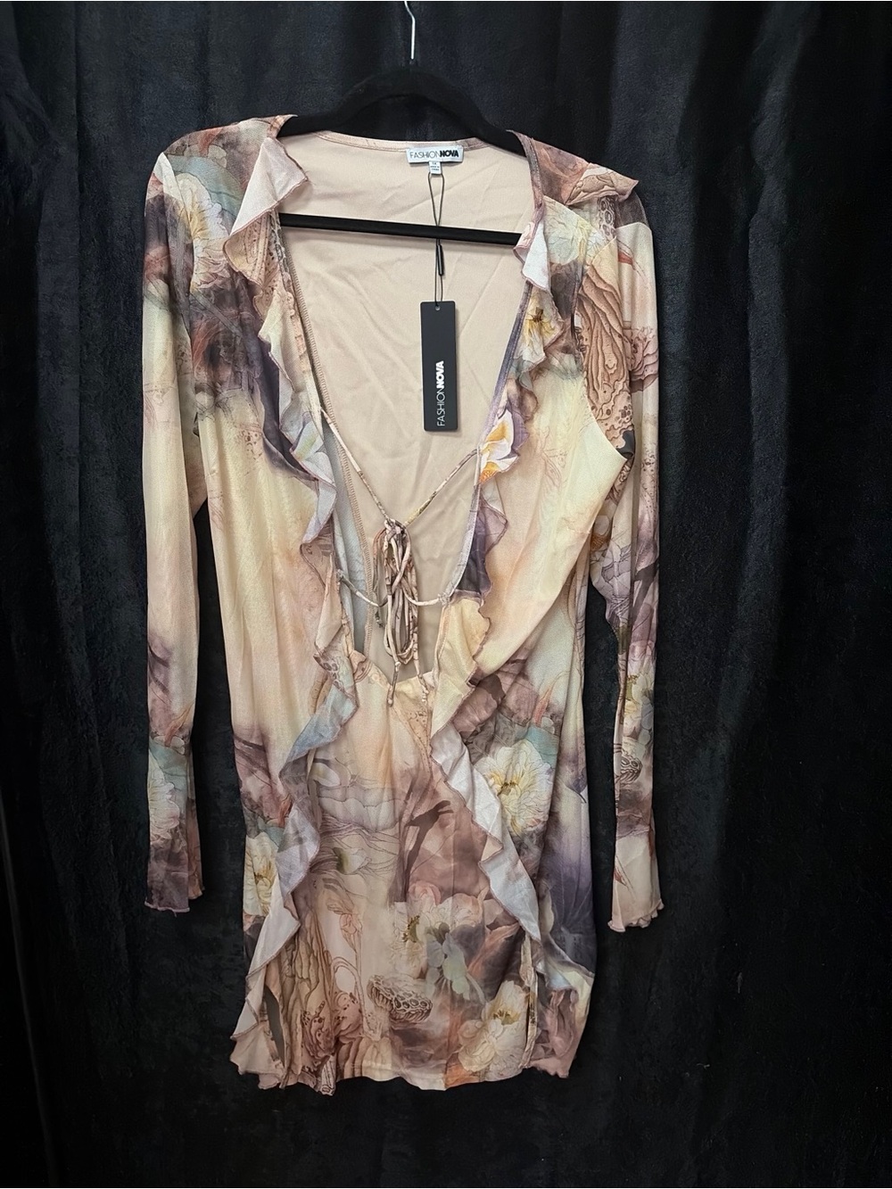 Fashion Nova Beige Floral Ruffle Tie-Front Long Sleeve Dress